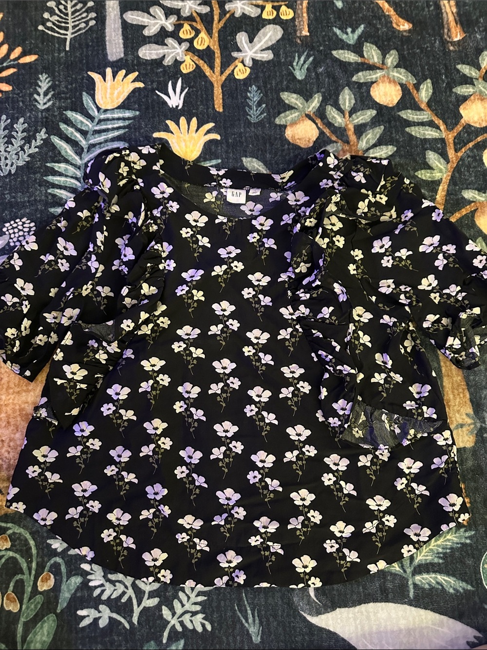 GAP Black Top with Lavender Floral Print and Ruffle Sleeves